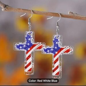 NWT patriotic flag cross acrylic earrings.